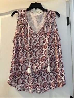 Lucky Brand White Tank with Burgundy Floral Print and Tassel Ties